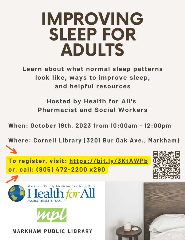 Promo flyer for Health for All's Oct. 2023 presentation, "Improving Sleep for Adults"